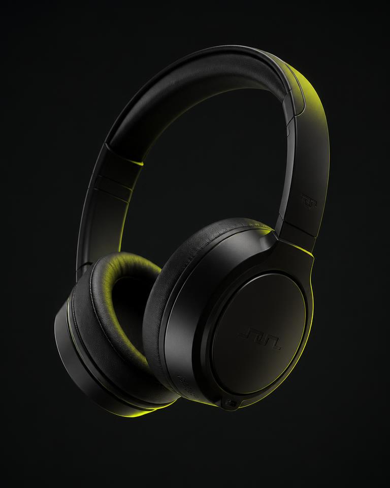 Product render of matte black headphones with lime rim lighting