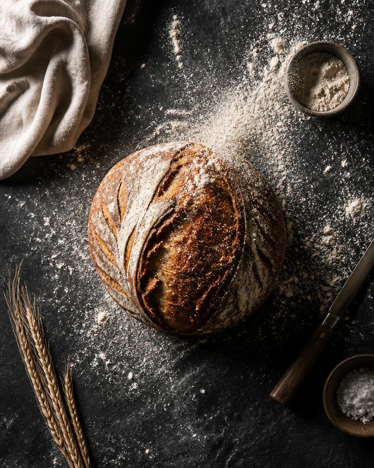 Overhead editorial photo of a sourdough loaf on slate